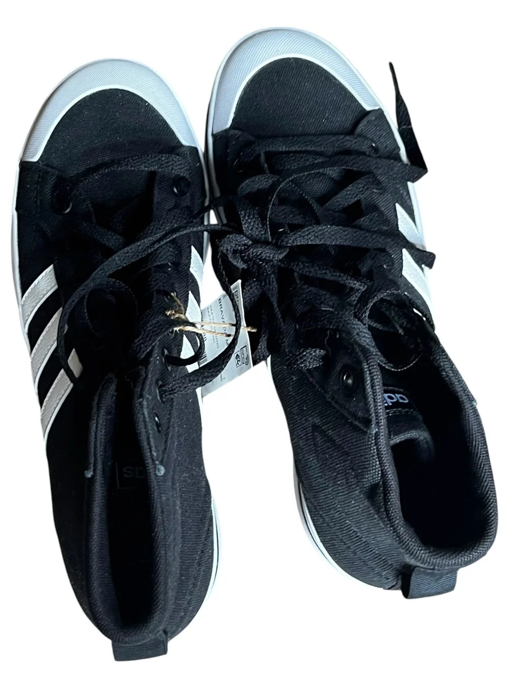 US 8.5 adidas Black High-Top Sneakers with White Stripes